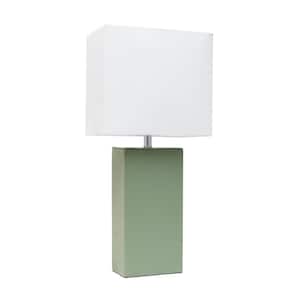 21 in. Sage Green Modern Leather Table Lamp with White Fabric Shade