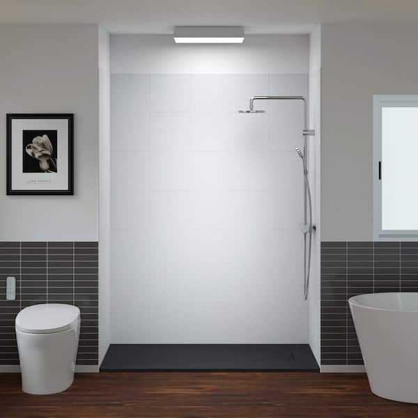 WOODBRIDGE 60 in. L x 32 in. W x 75 in. H 4-Pieces Alcove Shower Kit with Glue Up Shower Wall and Shower Pan in White and Black/BN