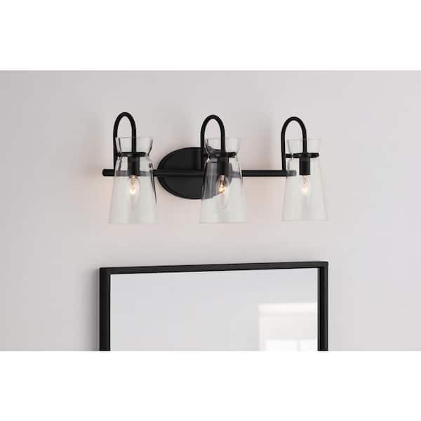 Hampton Bay Vinton Place 22 in. 3-Light Matte Black Bathroom Vanity Light with Clear Shades