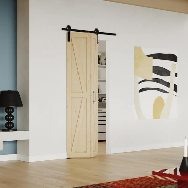 30 in. x 84 in. Pine Wood Color, Primed, MDF, K Shaped, Bi-Fold Style Sliding Barn Door with Hardware Kit