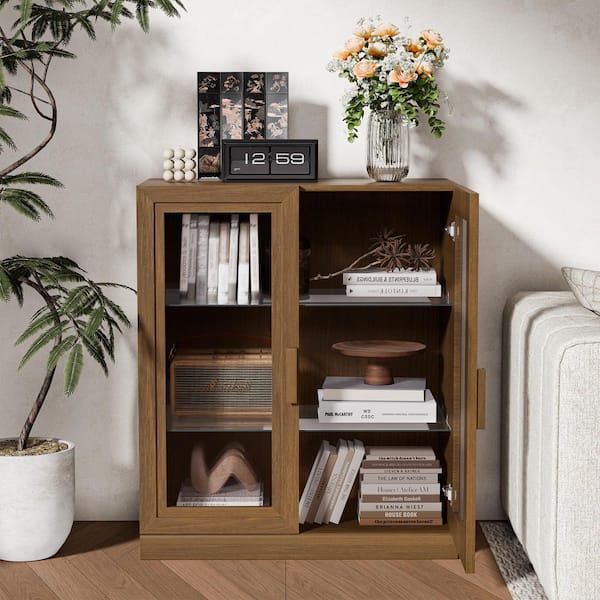 Walnut Wooden 36 in. H x 31 in. W Storage Cabinet with Glass Door China Cabinet Display Cabinet