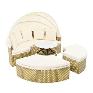 Wicker Patio Outdoor Sofa Set Rattan Day Bed 2-Tone Weave Sunbed with Retractable Canopy, Beige Cushions