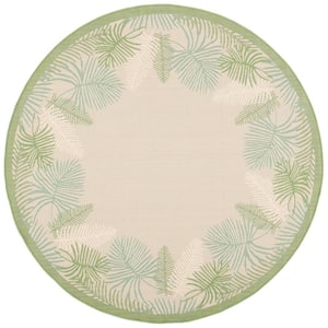 Courtyard Cream/Green 7 ft. x 7 ft. Border Abstract Palm Leaf Indoor/Outdoor Patio  Round Area Rug