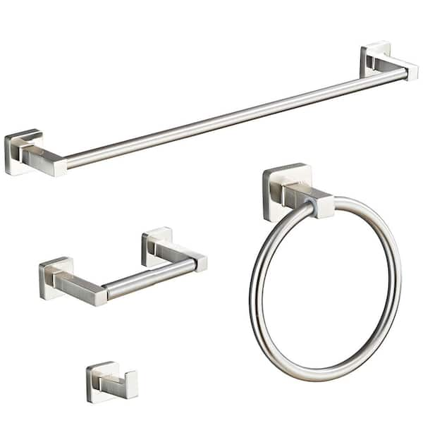 4-Piece Bath Hardware Set with Hand Towel Bar, Towel Ring, Robe Hooks, Toilet Paper Holder in Brushed Nickel