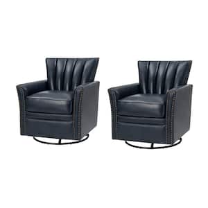Adela Navy Genuine Leather Swivel Rocking Chair with Nailhead Trims and Metal Base (Set of 2)