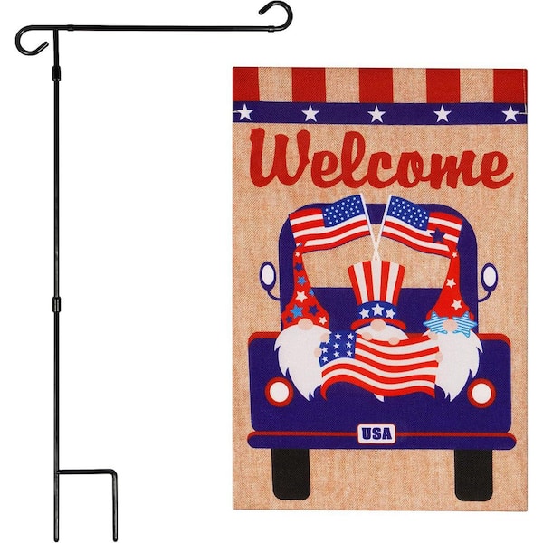 1 ft. x 1.5 ft. Polyester 3 Gnomes in Patriotic Truck 2-Sided Garden Flag Burlap with 36 in. Black Iron Garden Stand
