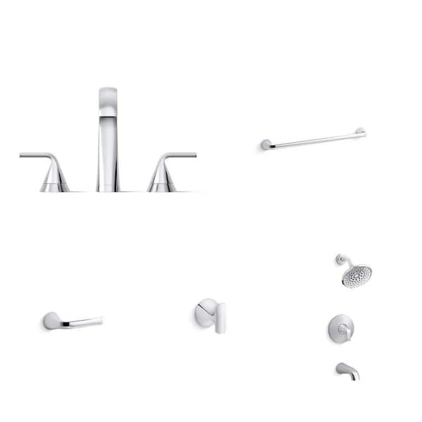 Cursiva Chrome Bathroom Set: 8 in. Faucet, 24 in. Towel Bar, Toilet Paper Holder, Robe Hook, Tub/Shower Faucet