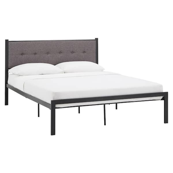 HomeSullivan Black Metal Frame Full Platform Bed with Tufted Linen Headboard