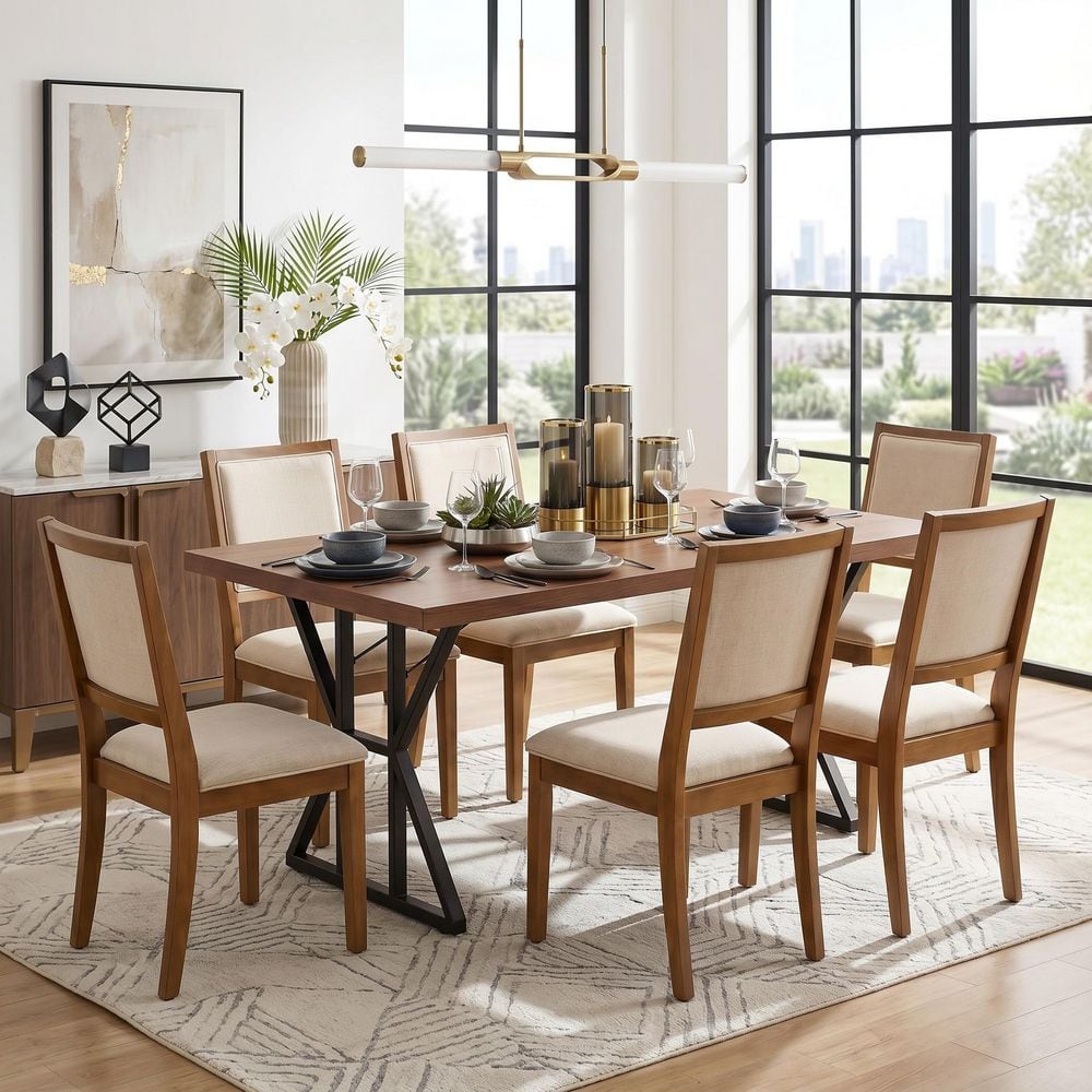 Leonard 7-Piece Rectangular Brown and Charcoal MDF Top Dining Room Set Seats 6