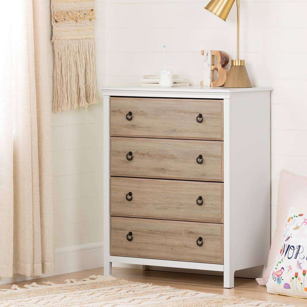 Pure White and Rustic Oak 4-Drawer Chest with Metal Handles