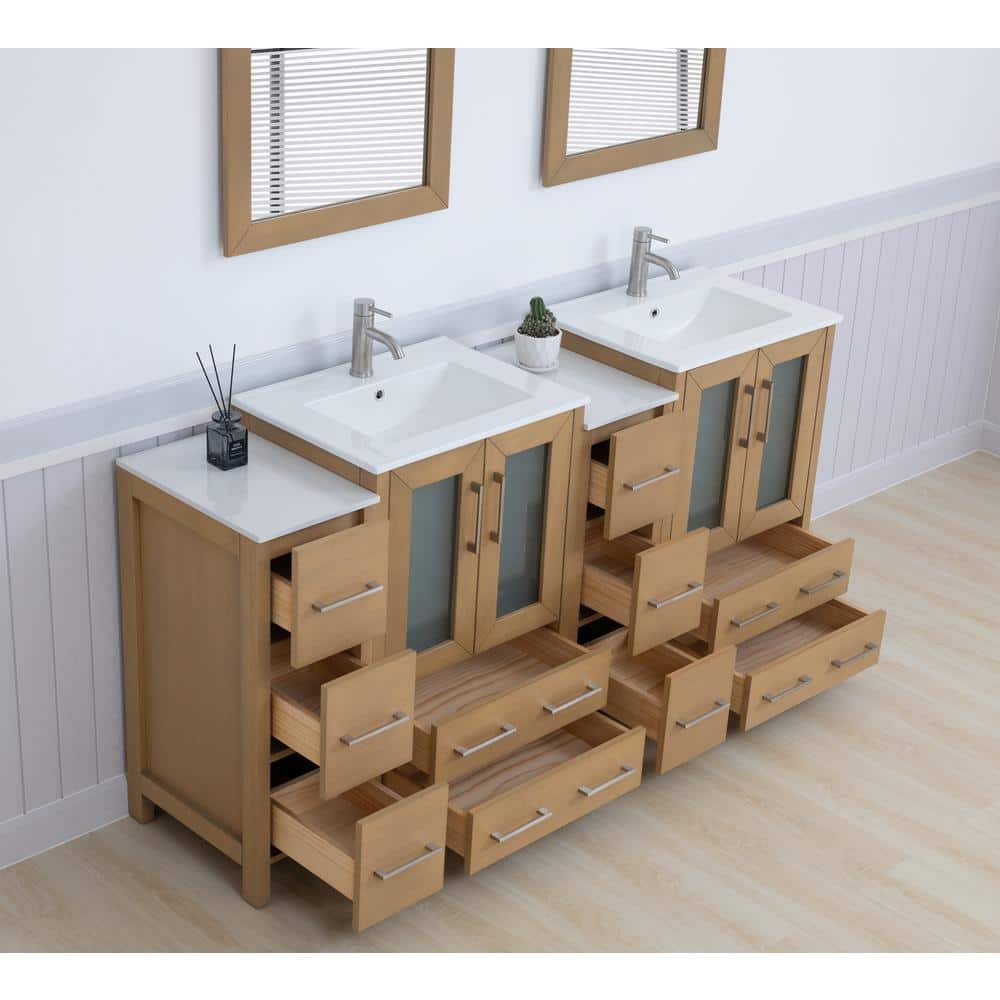 Natural Oak Double Sink Freestanding Bathroom Vanity Set with Ceramic Top and Mirror