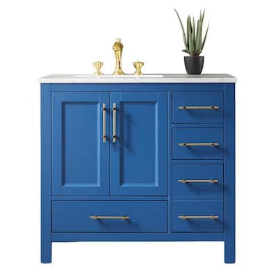 Navy 36 in. W x 22 in. D x 34.25 in. H Vanity in Blue with Carrara Marble Vanity Top in White with White Basin