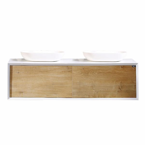 55 in. W x 22 in. D x 16 in. H Wall-Mounted Bath Vanity in White Oak with Matt White Solid Surface Top