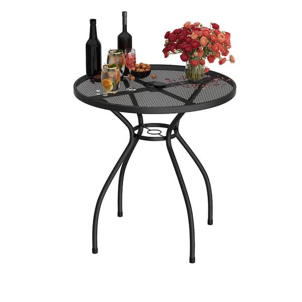FUFU&GAGA Round Outdoor Dining Table Bar Height Bistro Table Indoor-Outdoor Metal Patio Table with Umbrella Hole for Lawn Black