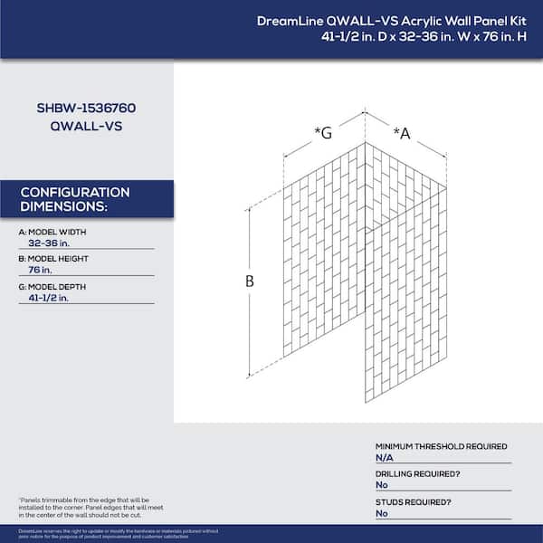 QWALL-VS 32-36 in. x 76 in. x 41.5 in. 3-Piece Glue-up Acrylic Alcove Shower Backwalls in White