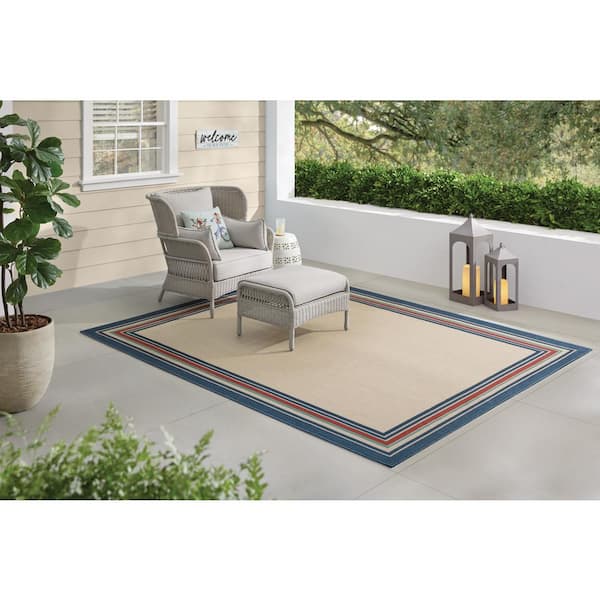 Blue 9 ft. x 12 ft. Striped Border Indoor/Outdoor Area Rug
