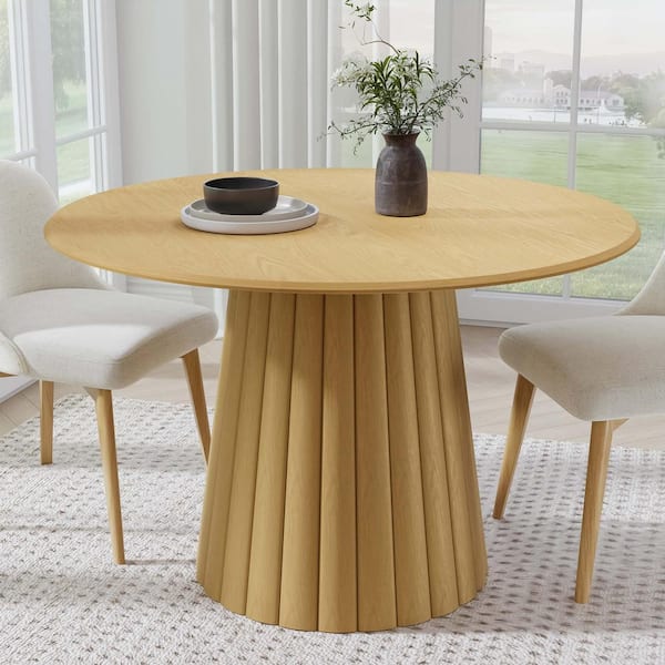 Lirago Round Oak Wood 46 in. Column Base Dining Table Seats 4