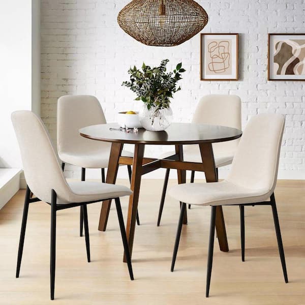 Beige Upholstered Dining Chair with Black Metal Legs (Set of 4)