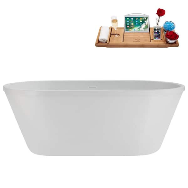 60 in. x 30 in.Acrylic Freestanding Soaking Bathtub in Glossy White with Brushed Gold Drain, Bamboo Tray