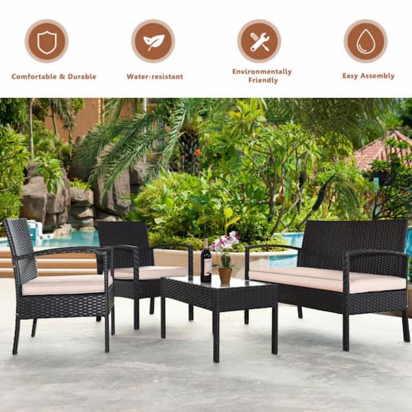 4-Pieces Wicker Patio Conversation Set Furniture Sets Rattan Chair Outdoor Bistro with Beige Cushions
