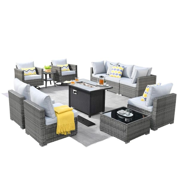Sanibel Gray 11-Piece Wicker Patio Conversation Fire Pit Sectional Sofa Set with Swivel Chairs and Light Gray Cushions