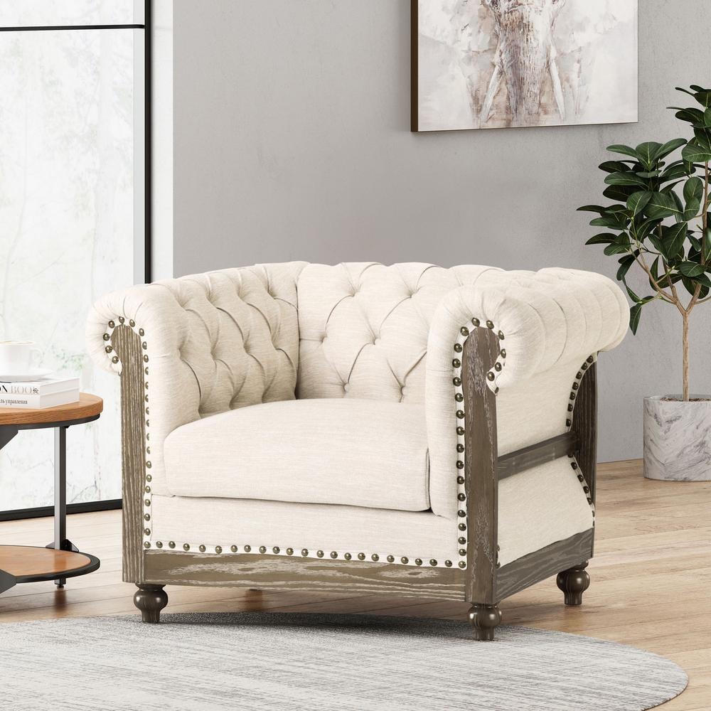 Petes Beige and Dark Brown Fabric Tufted Club Chair -  Noble House, 107134