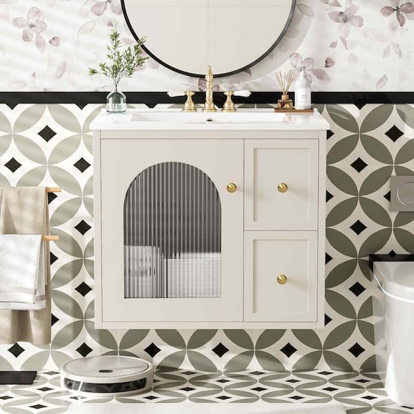 30 in. W Single Sink Bath Vanity in Black with White Ceramic Top, 2 Soft-close Doors and Double-tier Deep Drawer