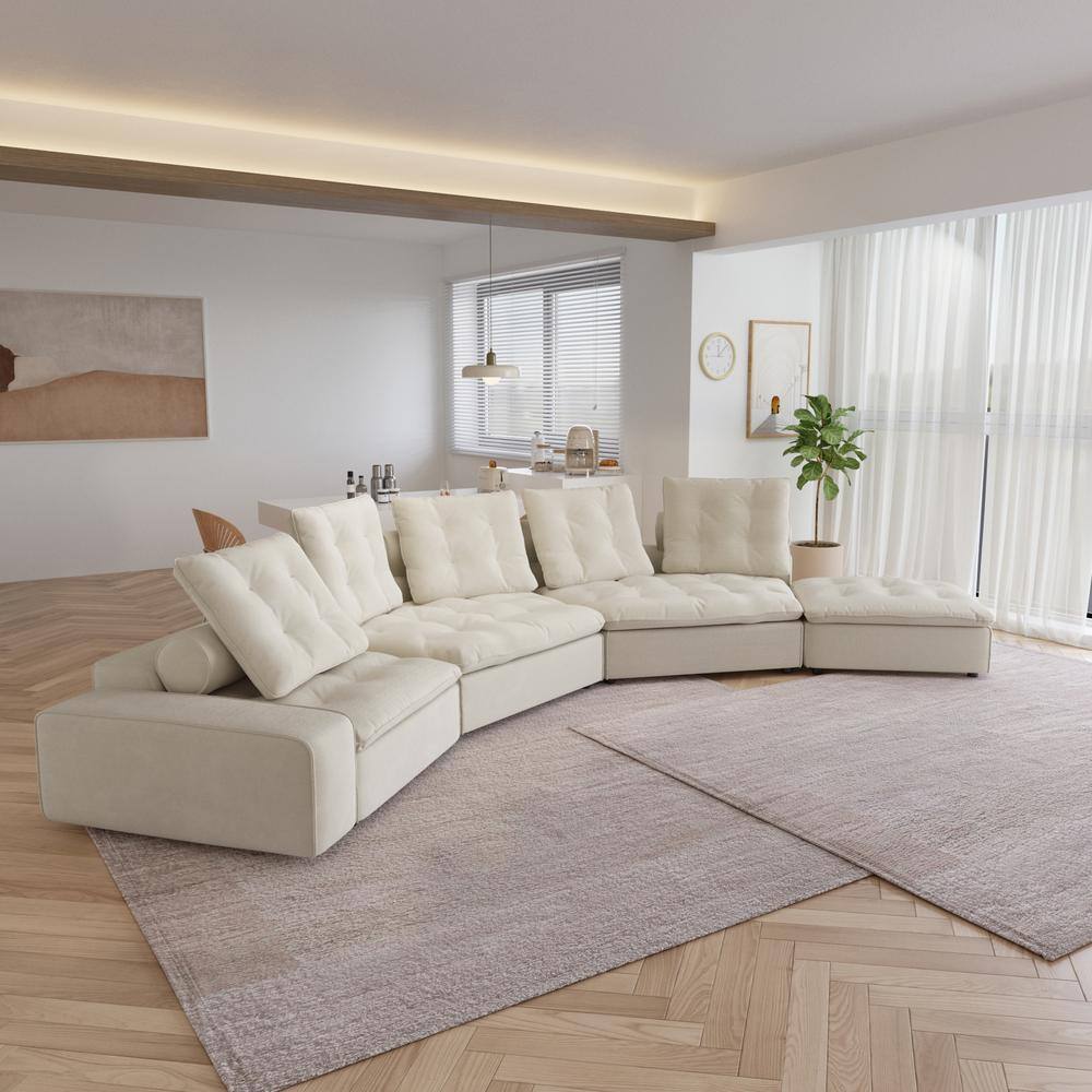 177 in. W Square Arm 4-piece Velvet Modular Deep Seat Sectional Sofa with Removable Ottoman for Living Room in. Beige