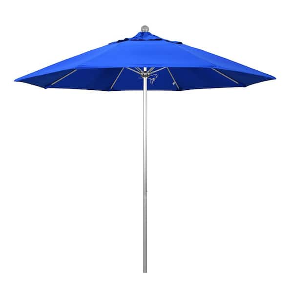 California Umbrella 9 ft. Silver Aluminum Commercial Market Patio Umbrella with Fiberglass Ribs and Push Lift in Pacific Blue Sunbrella