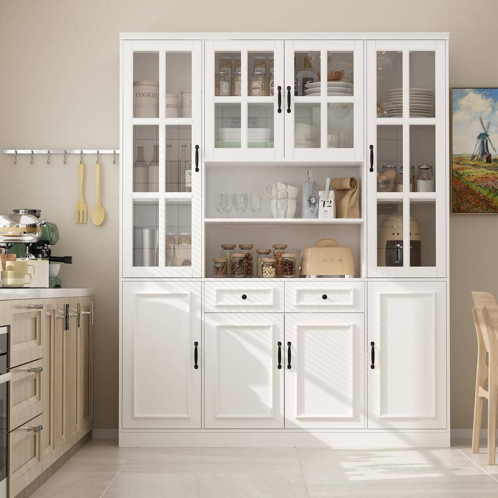 White Gloss 78.7" Kitchen Pantry Cabinet with Glass Doors and Drawers