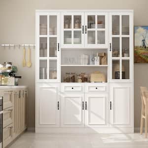 White Wooden 63 in. W Food Pantry Cabinet Storage Organizer with Tempered Glass Doors, 2-Drawers, Adjustable Shelves