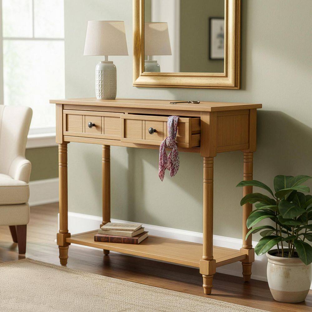 Weylorn 35.34 in. Natural Rectangle MDF Wood Console Table with Drawers and Bottom Shelf