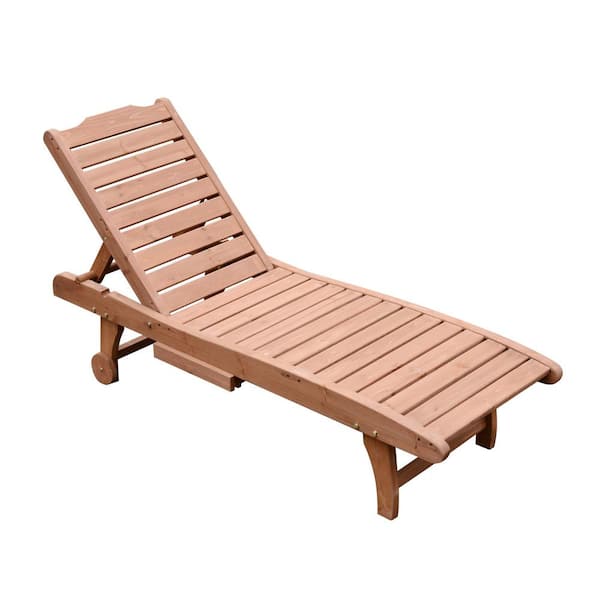 Outsunny Reclining Wooden Outdoor Chaise Lounge Patio Pool Chair With Pull-Out Tray