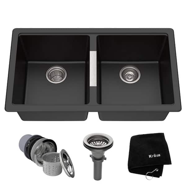 KRAUS Undermount Granite Composite 33 in. 50/50 Double Basin Kitchen Sink Kit in Black