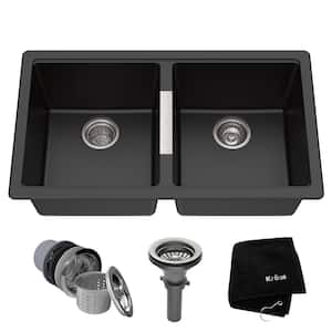 Undermount Granite Composite 33 in. 50/50 Double Basin Kitchen Sink Kit in Black