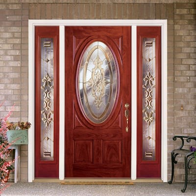 63.5 in.x81.625in.Silverdale Brass 3/4 Oval Lt Stained Cherry Mahogany Rt-Hd Fiberglass Prehung Front Door w/Sidelites