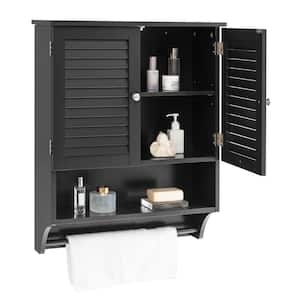 23.5 in. W x 8.5 in. D x 29.5 in. H Bathroom Storage Wall Cabinet with Louvered Doors and Towel Bar in Black