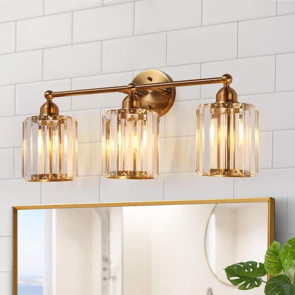 23.6 in. 3-Light Modern Glam Brass Crystal Bathroom Vanity Light With Textured Drum Shades