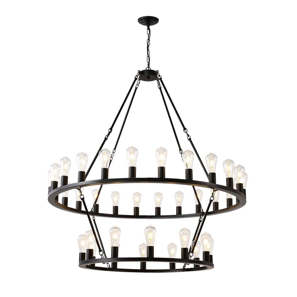 36-Light Black 2 Tiers Wagon Wheel Chandelier Farmhouse Pendant-Light Fixtu