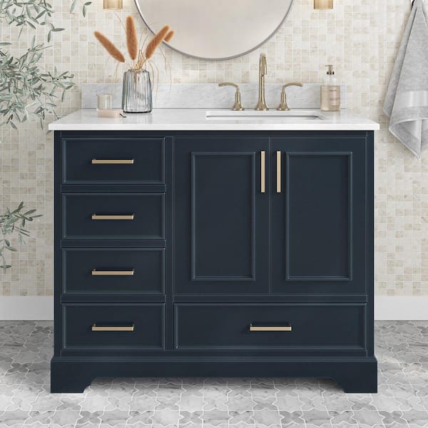 ARIEL Stafford 43 in. W x 22 in. D x 35.25 in. H Right Single Sink Bath Vanity in Midnight Blue with Carrara White Marble Top
