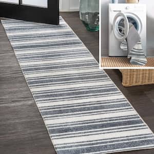 Fawning Two-Tone Striped Classic Low-Pile Machine-Washable Cream/Dark Gray 2 ft. x 8 ft. Runner Rug