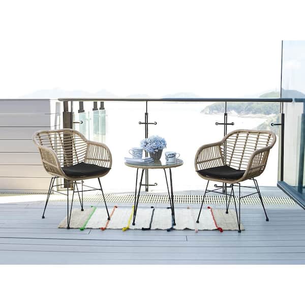 Dwell Home Inc St. Lucia 3-Piece PE Rattan Patio Conversation Set Natural with Jet Black Cushions