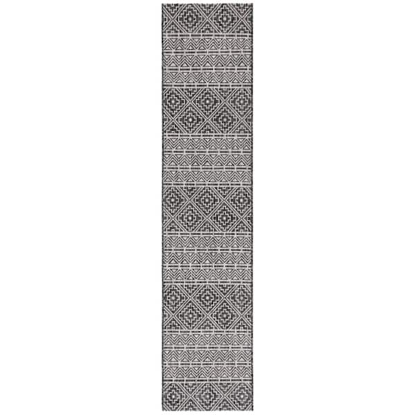 Courtyard Black/Gray 2 ft. x 14 ft. Tribal Diamond Chevron Indoor/Outdoor Runner Rug