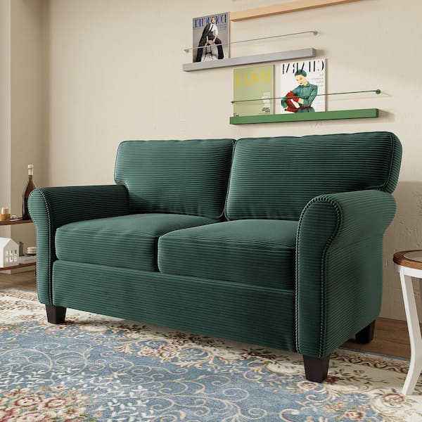 Esmont Modern Glam 57.09 in. Dark Green Round Arms Corduroy Fabric Upholstered Rectangle 2-Seater Sofa Loveseat