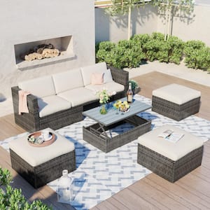 Gray 5-Piece Wicker Outdoor Sectional Set with Beige Cushions and Lift Top Coffee Table