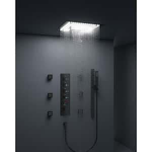 Thermostatic 15-Spray 16 in. Square High Pressure LED Shower Head with Valve in Matte Black