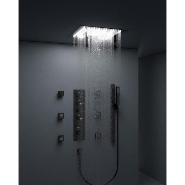 Thermostatic 15-Spray 16 in. Ceiling Mount Square LED Mood Lighting Shower System with Valve in Matte Black