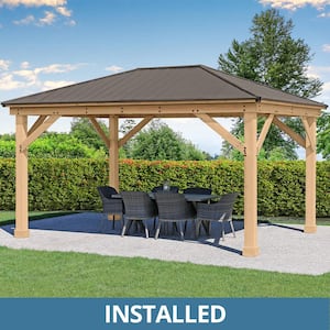 Professionally Installed Meridian 12 ft. x 16 ft. Premium Cedar Outdoor Patio Shade Gazebo with Brown Aluminum Roof