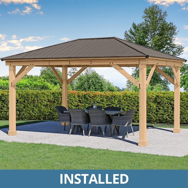 Yardistry Professionally Installed Meridian 12 ft. x 16 ft. Premium Cedar Outdoor Patio Shade Gazebo with Brown Aluminum Roof