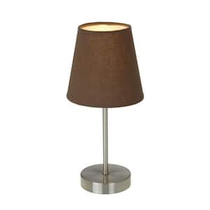 10 in. Sand Nickel Mini Basic Table Lamp with Brown Fabric Shade